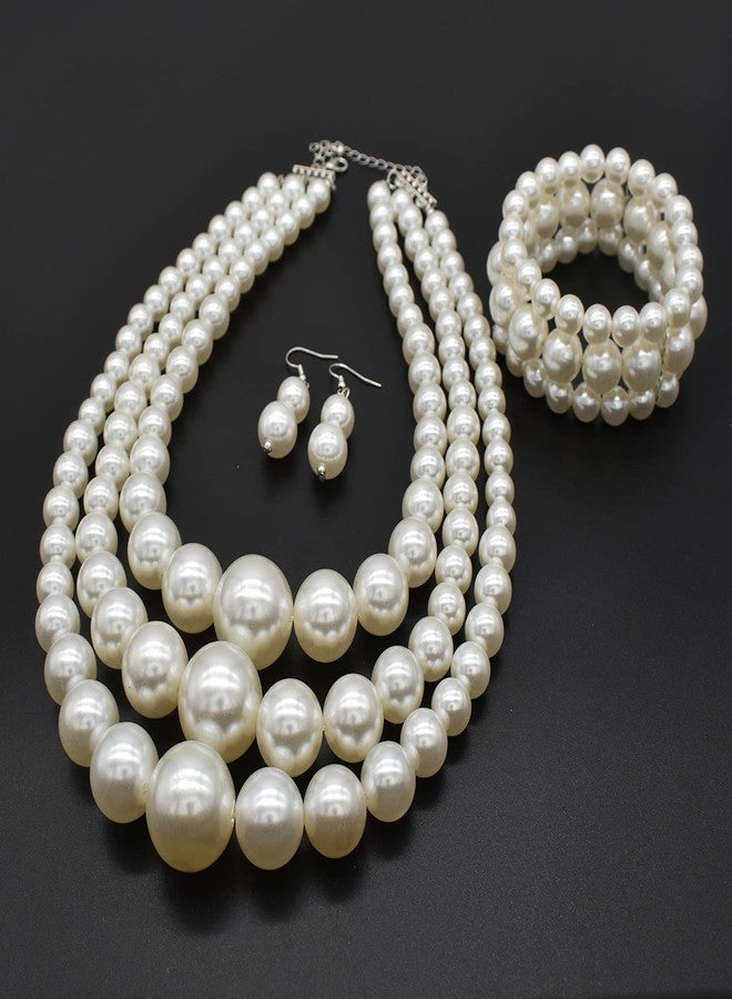 CIOOU A-White Chunky Faux Pearl Necklace and Earring Set - Large Costume Jewelry for Women - 1920s Gatsby Accessories - Image 4